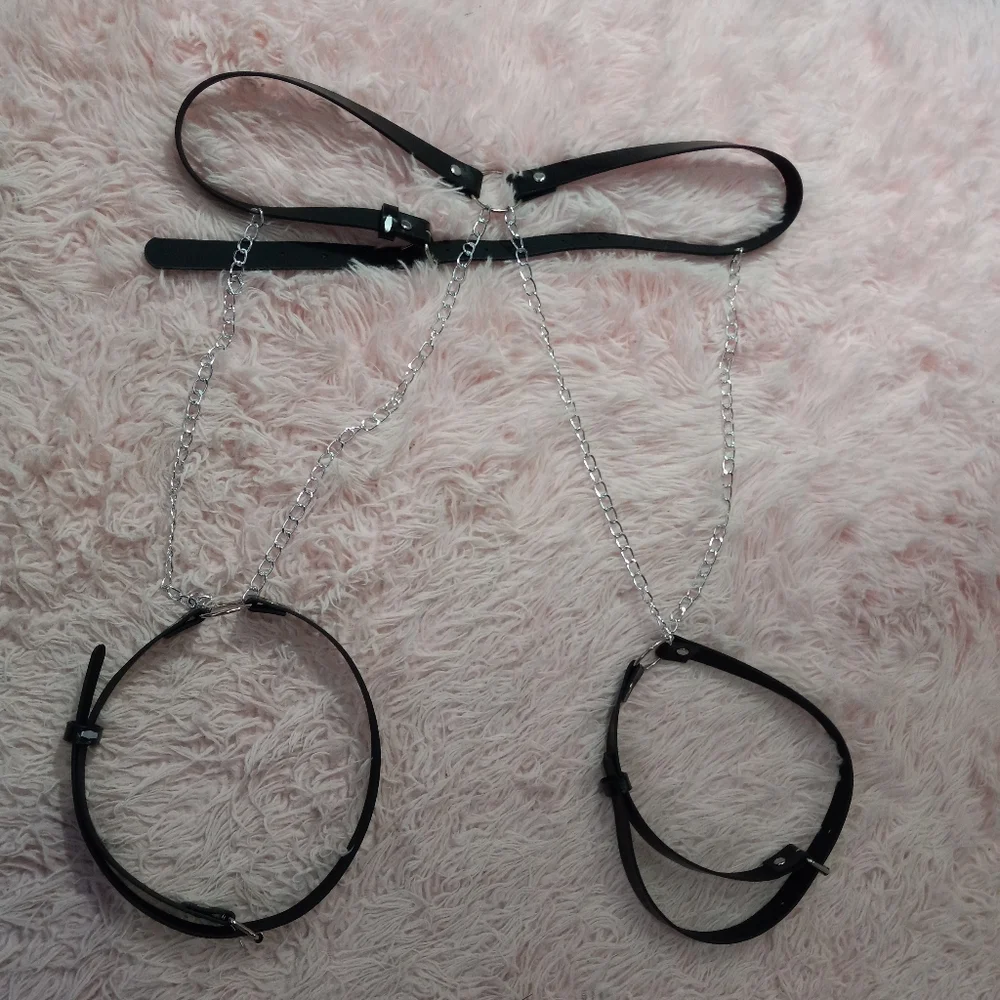 Black vegan leather dbl thigh garter harness w/chain & belt! Bondage - Picture 14 of 16
